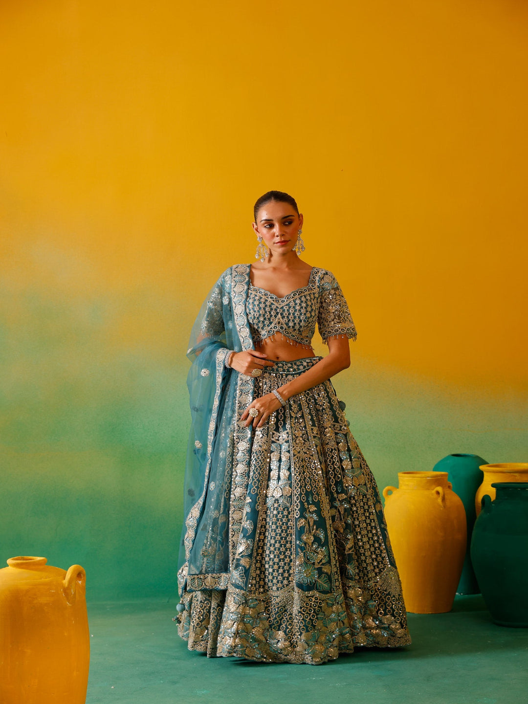 Neerus Blue net embroidered lehenga set - front view