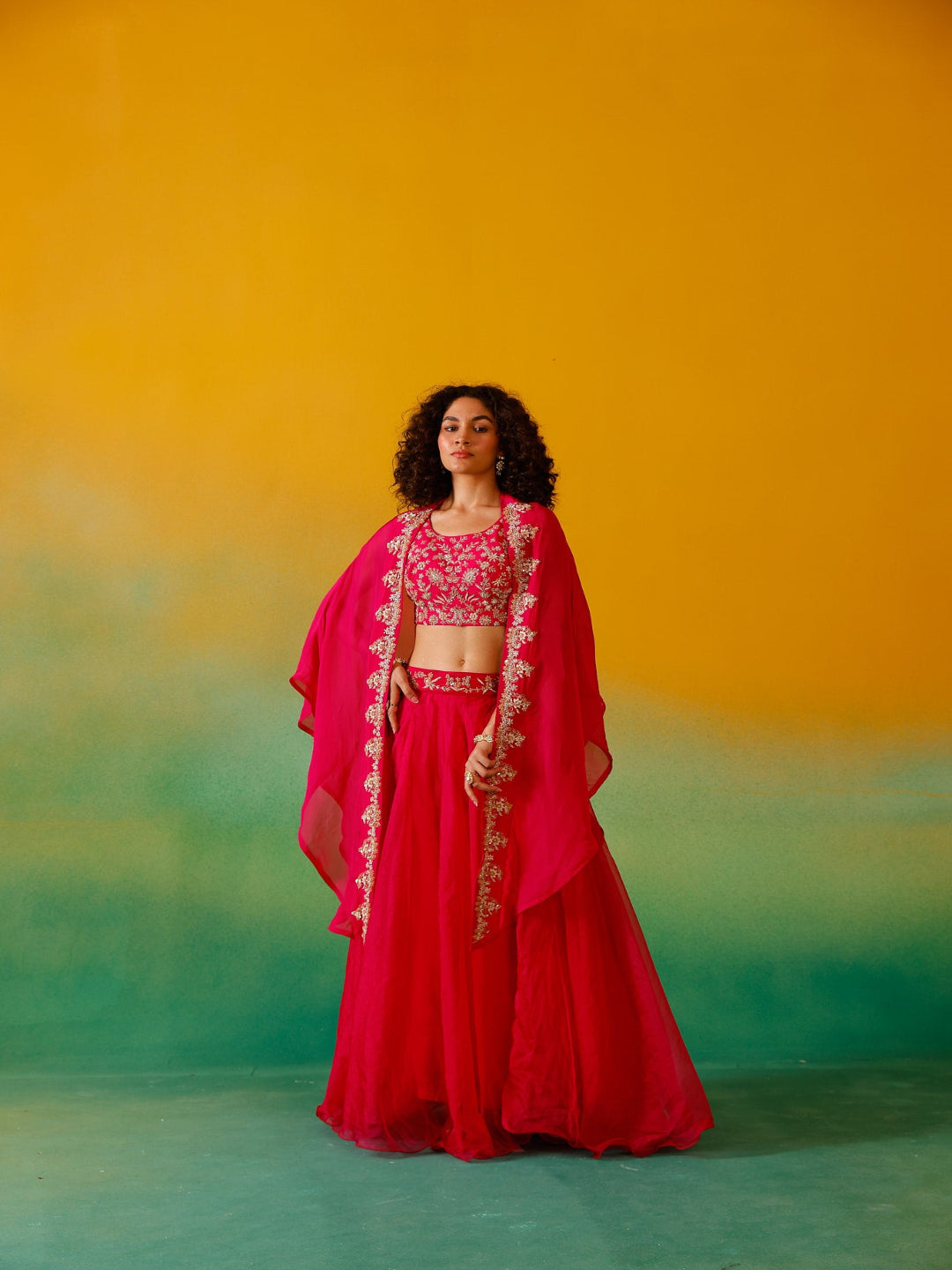 Neerus Pink organza embroidered lehenga ghagra set - front view