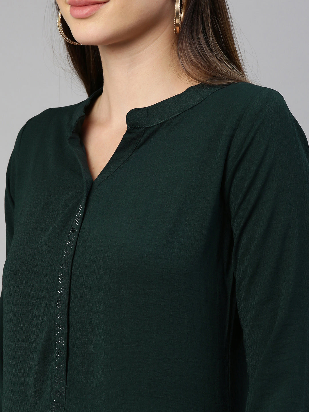 Neerus Green cotton solid Pathani kurti - detail view 1