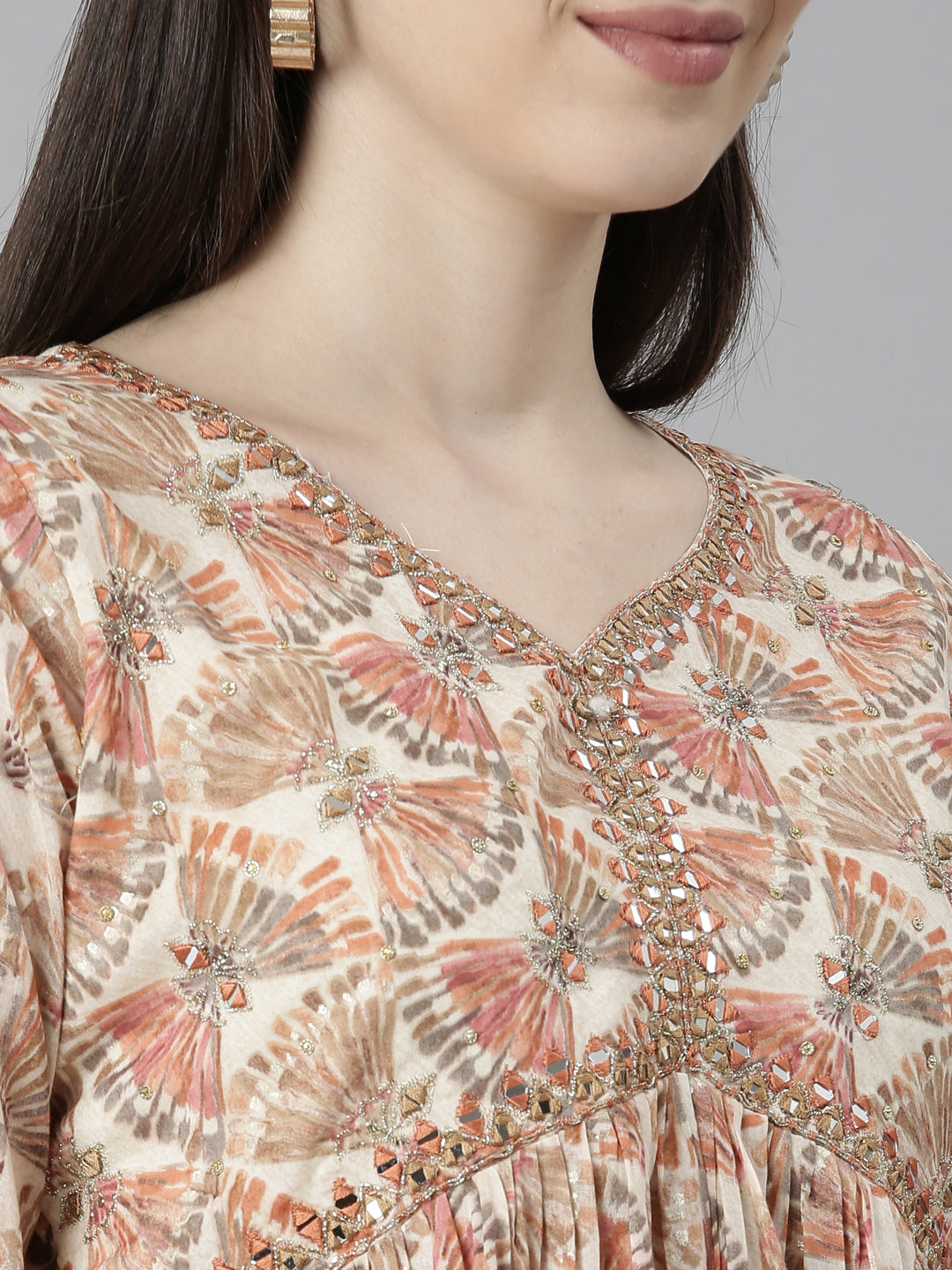 Neerus Pink printed straight kurta set with palazzo and dupatta - detail view 1