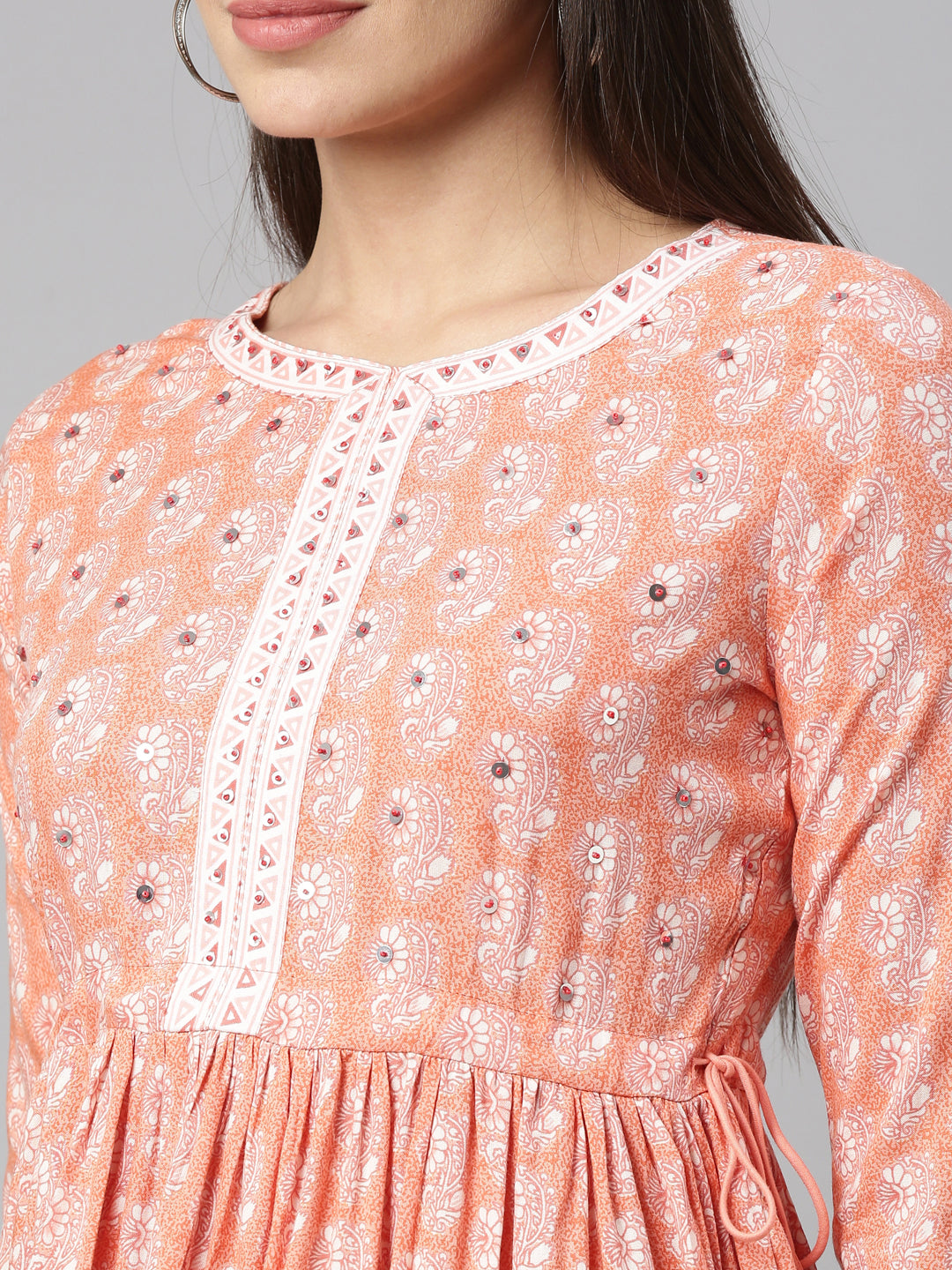 Neerus Pink floral printed sequinned pleated kurti - detail view 2
