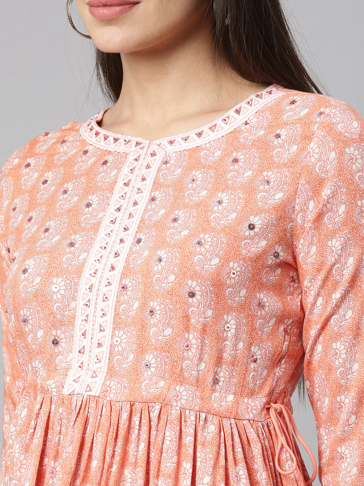Neerus Pink floral printed sequinned pleated kurti - detail view 2