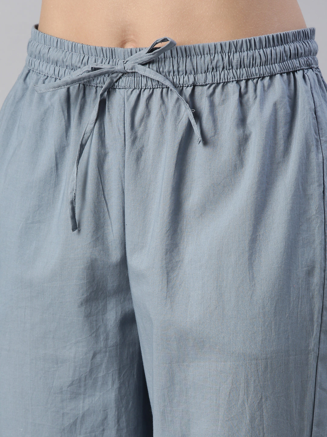 Neerus Blue cotton solid kurta set with trouser and dupatta - detail view 3