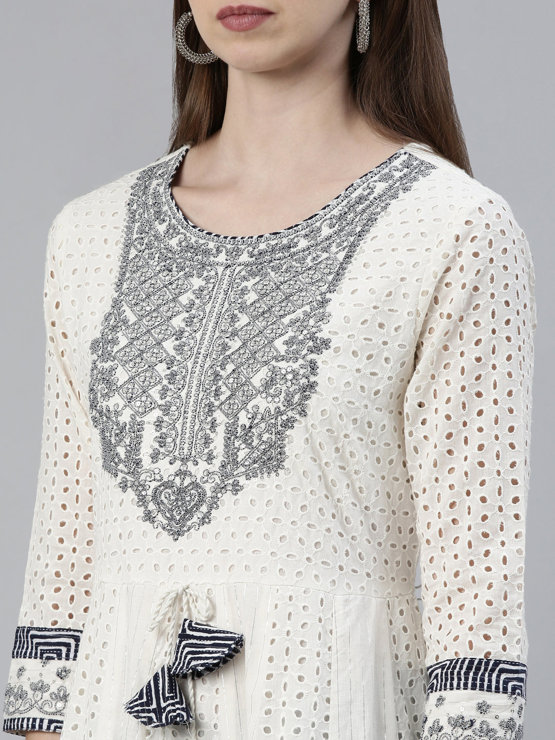 Neerus White Jute Cotton Printed Anarkali Kurta Set - detail view 1