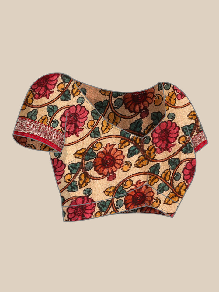 Neerus Green Banarasi printed saree with Kalamkari border - detail view 4