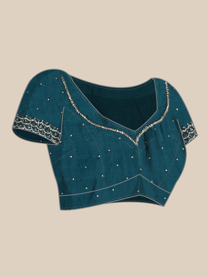 Neerus Blue Jimmy embellished saree with pearl and cut Dana embroidery - detail view 3