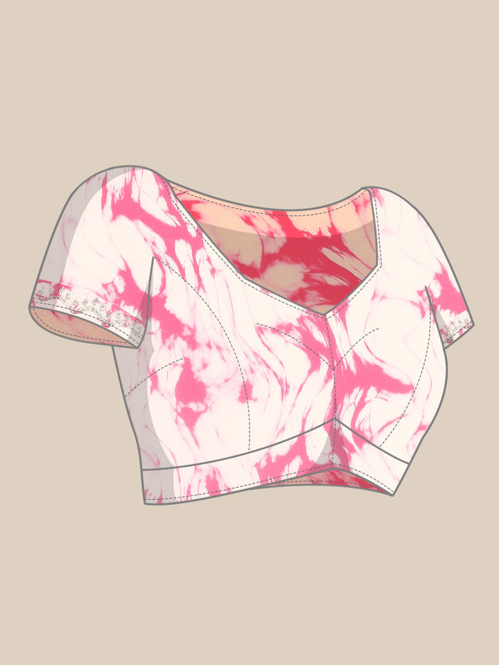 Pink & white printed satin saree with Swarovski embroidery