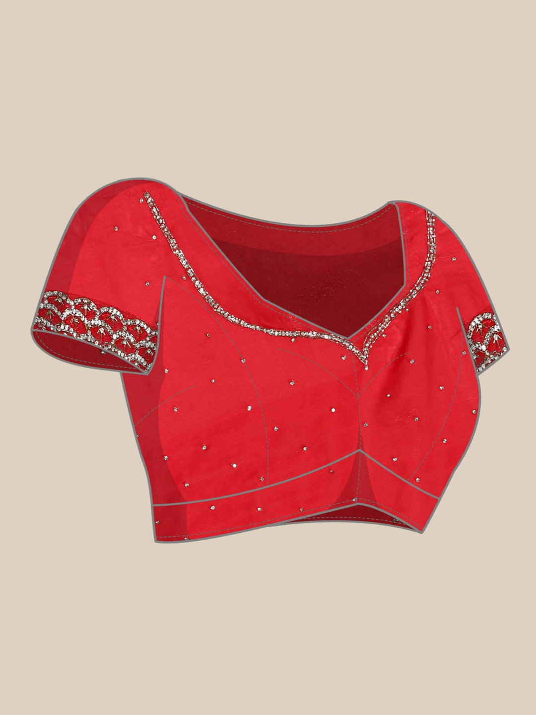 Neerus Red embellished Jimmy saree with pearl and cut Dana embroidery - detail view 3