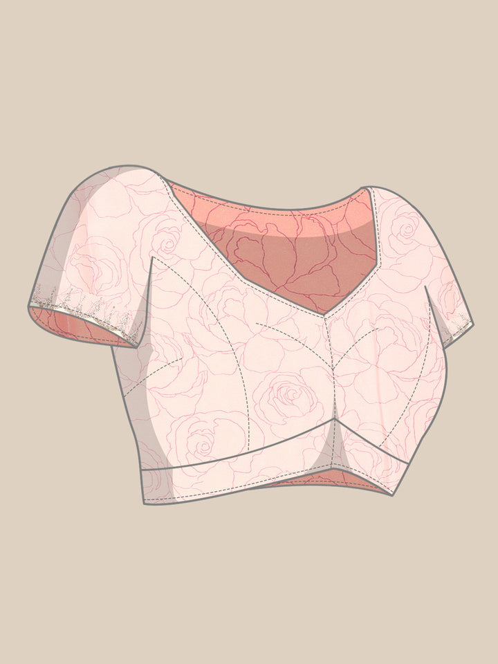 Pink satin floral printed saree with Swarovski embroidery