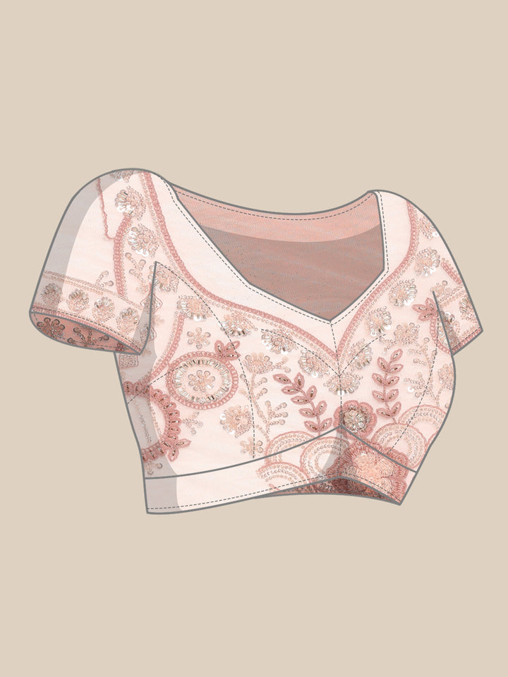 Peach net saree with pearl and sequins hand embroidery with scallop border