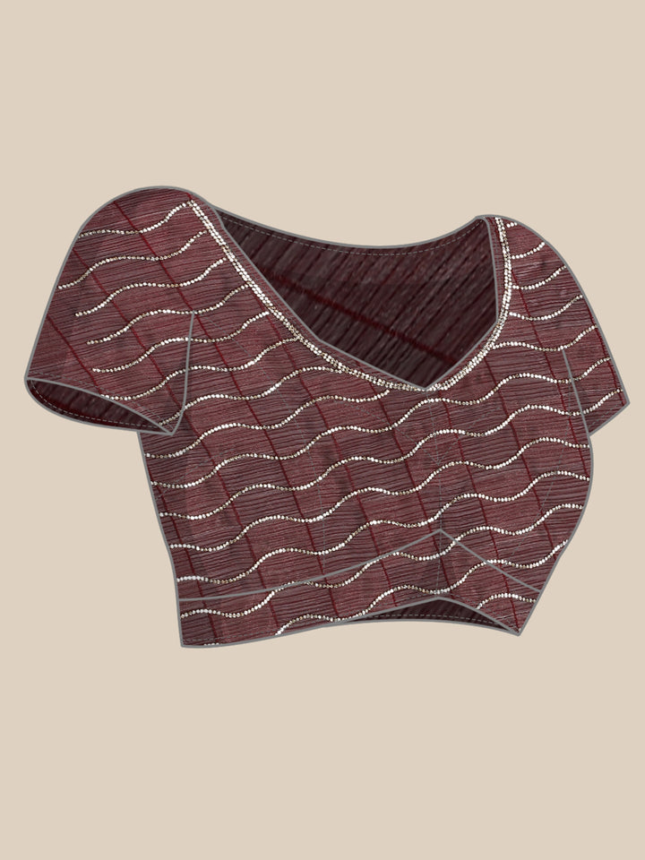 Maroon jacquard satin organza saree with hand embroidery