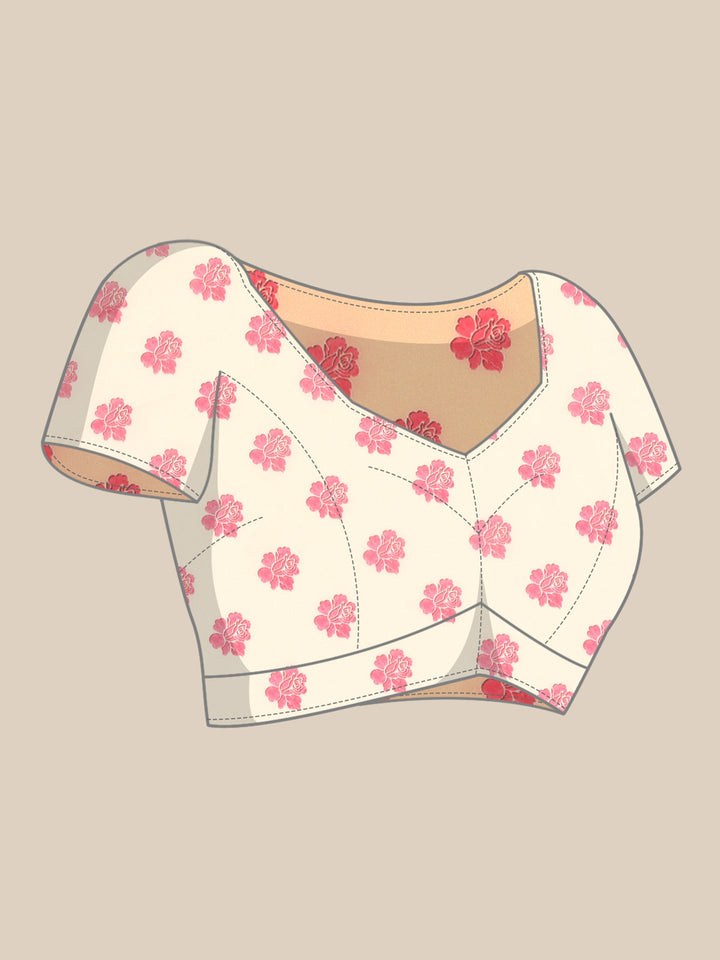 Cream Satin Saree With Pink Printed Motifs With Swarovski Embroidery