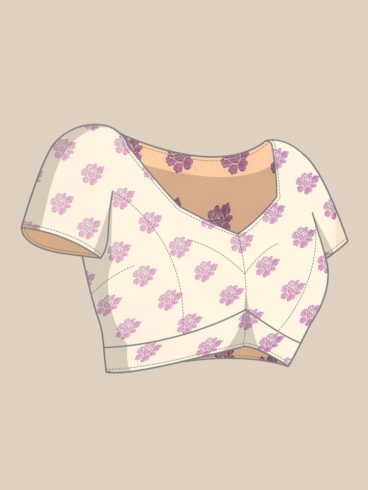 Off white printed satin saree with lavender motifs & Swarovski embroidery