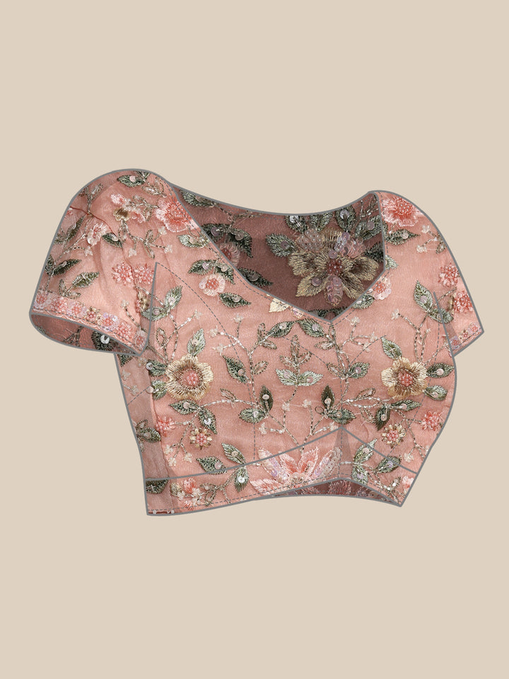 Peach Organza saree Resham & cut Dana heavy embroidery with ready made blouse