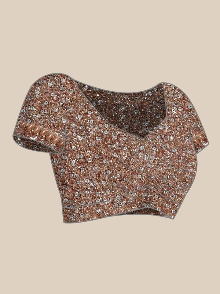 Onion pink net saree with pearl & cut Dana hand embroidery with Swarovski blouse