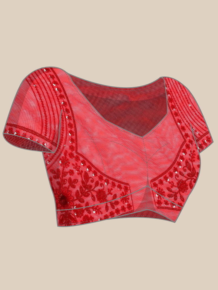 Neerus Red net hand embroidered saree with pearl sequins - detail view 4
