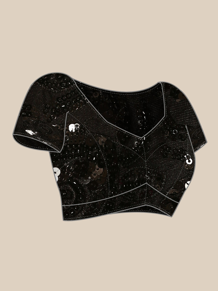 Neerus Black satin hand embroidered printed saree - detail view 5