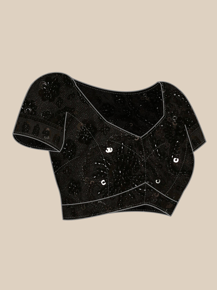 Neerus Black satin hand embroidered printed saree - detail view 5