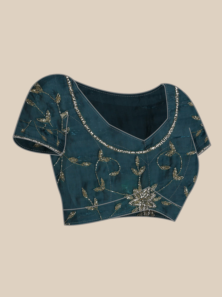Neerus Blue satin hand embroidered saree with Swarovski work - detail view 3