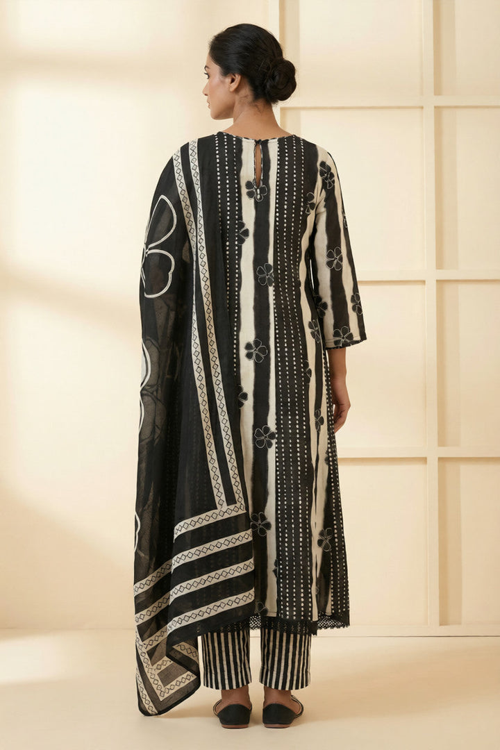 Neerus Black cotton hand embroidered suit set - side view