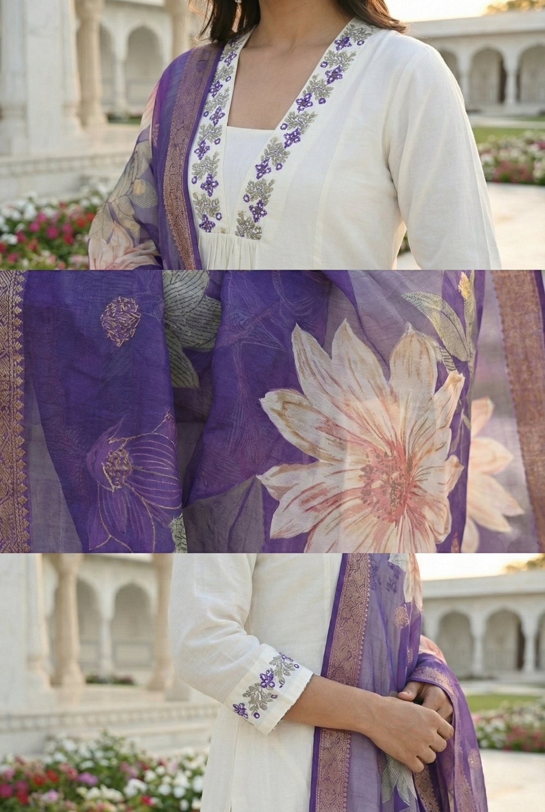 Neerus Purple Chanderi hand embroidered suit set - detail view 1