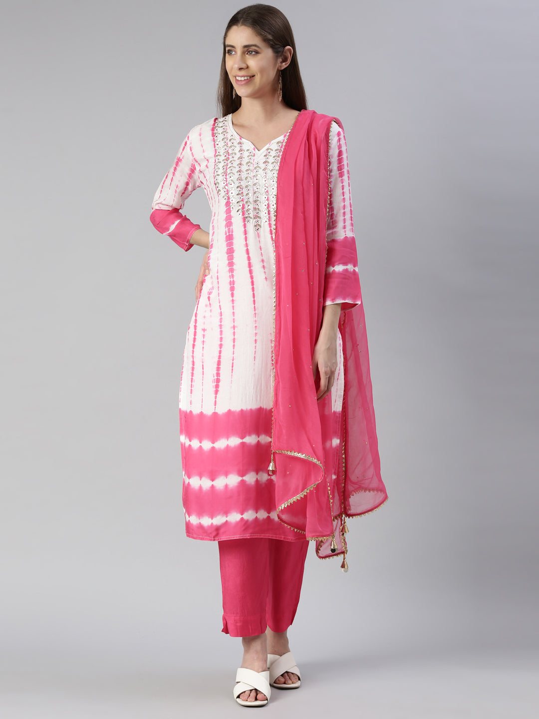 Neerus Pink muslin printed kurta set with trouser and dupatta - front view