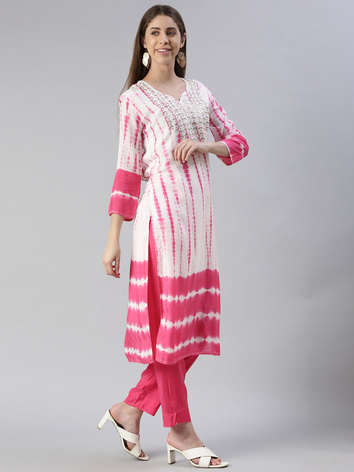 Neerus Pink muslin printed kurta set with trouser and dupatta - back view