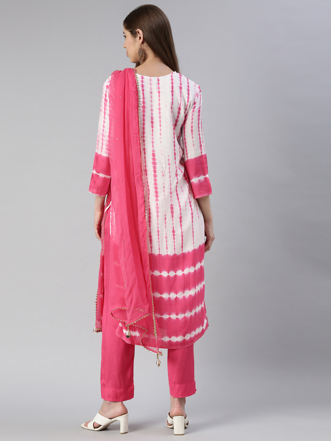Neerus Pink muslin printed kurta set with trouser and dupatta - side view