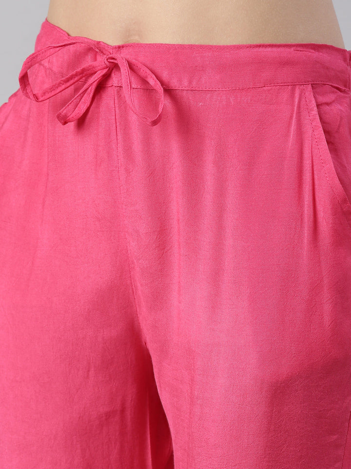 Neerus Pink muslin printed kurta set with trouser and dupatta - detail view 3
