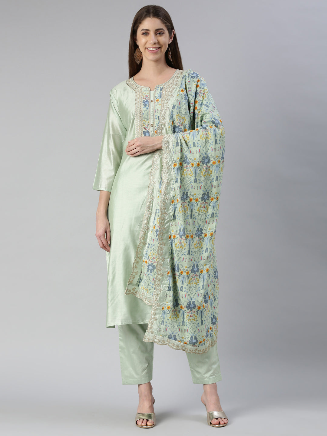 Neerus Green embroidered kurta set with trouser and dupatta - front view