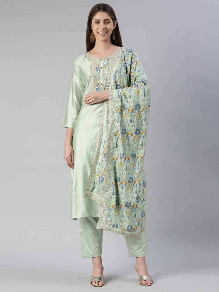 Neerus Green embroidered kurta set with trouser and dupatta - front view