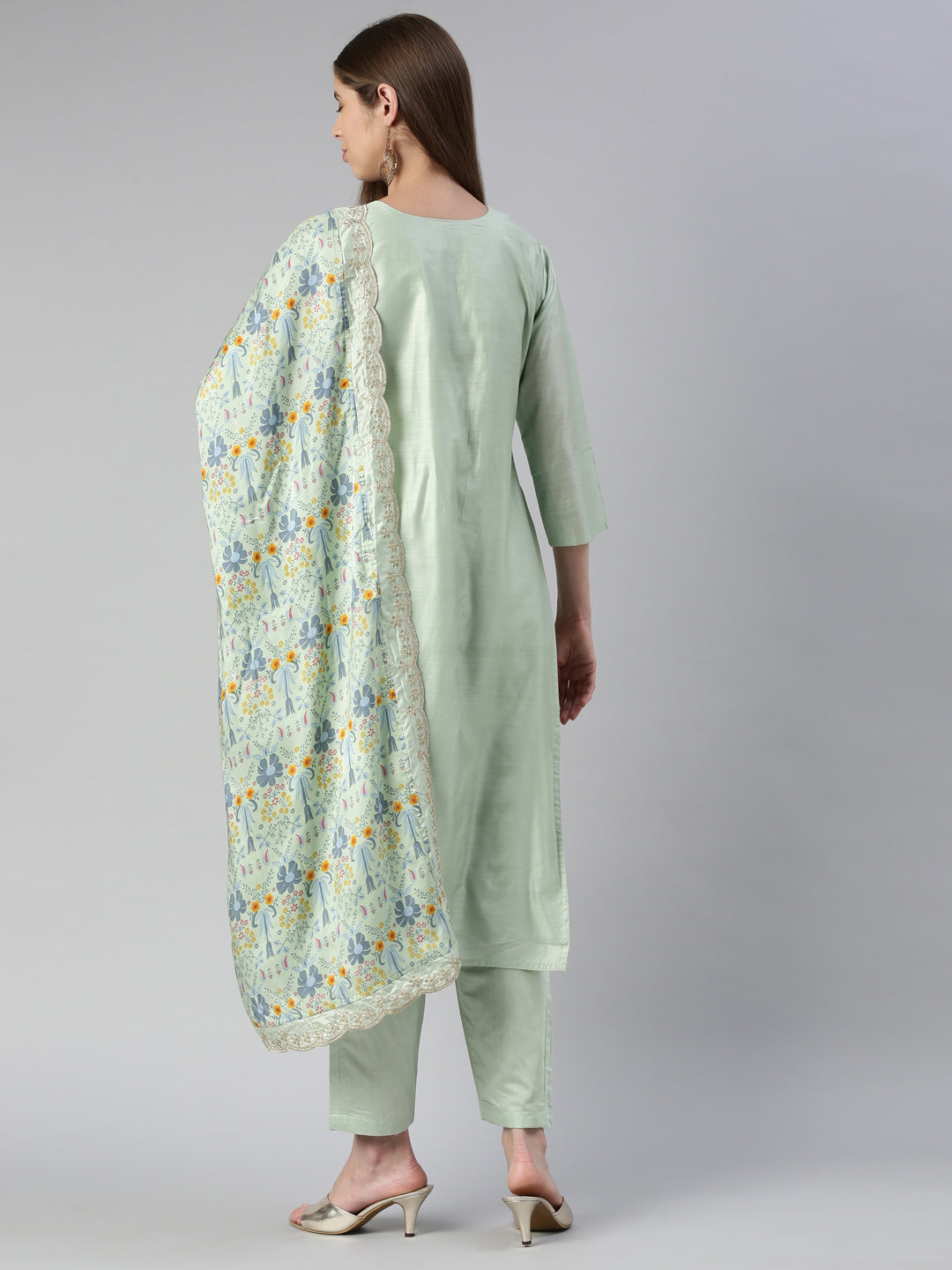 Neerus Green embroidered kurta set with trouser and dupatta - side view