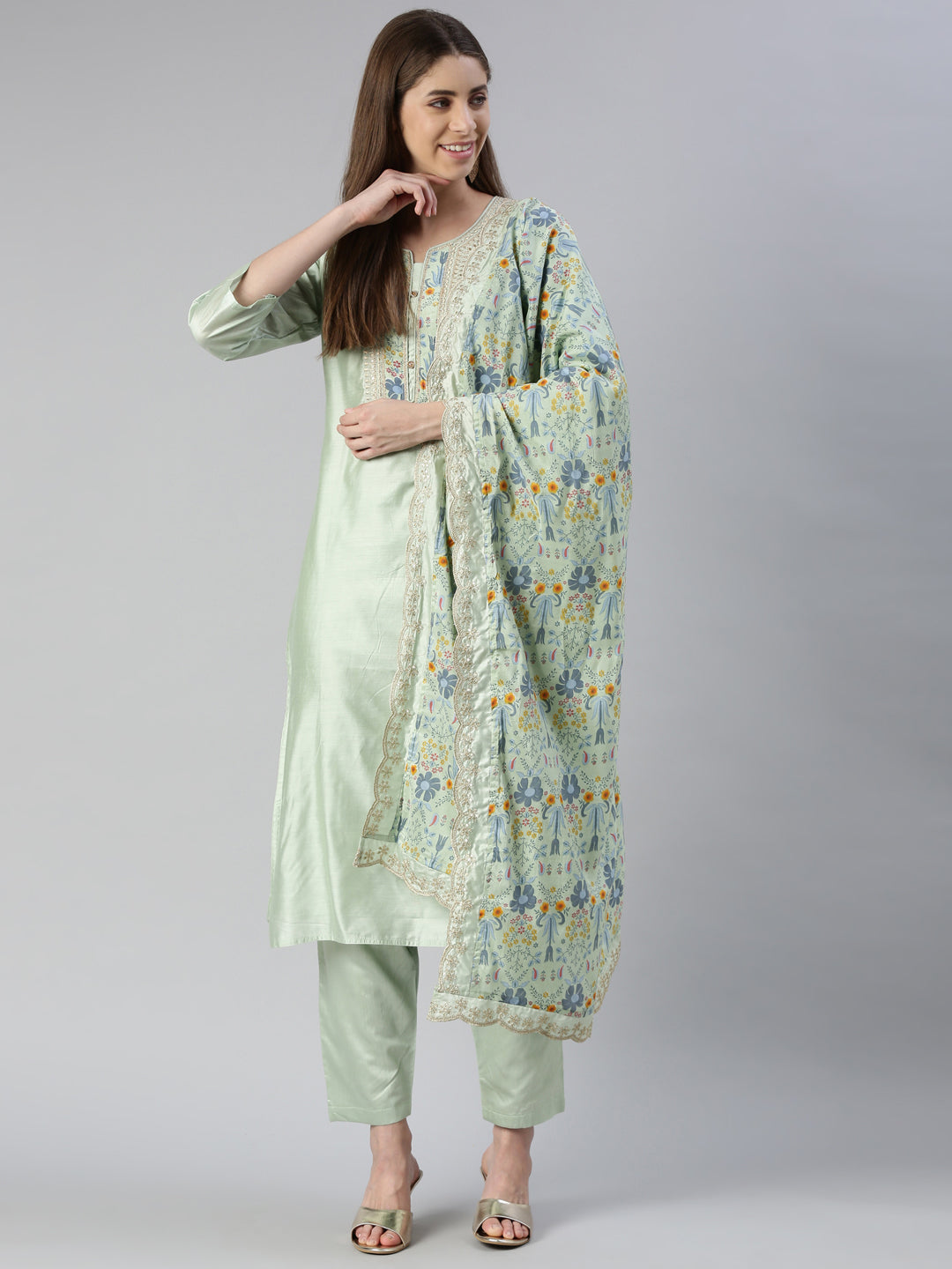 Neerus Green embroidered kurta set with trouser and dupatta - detail view 2