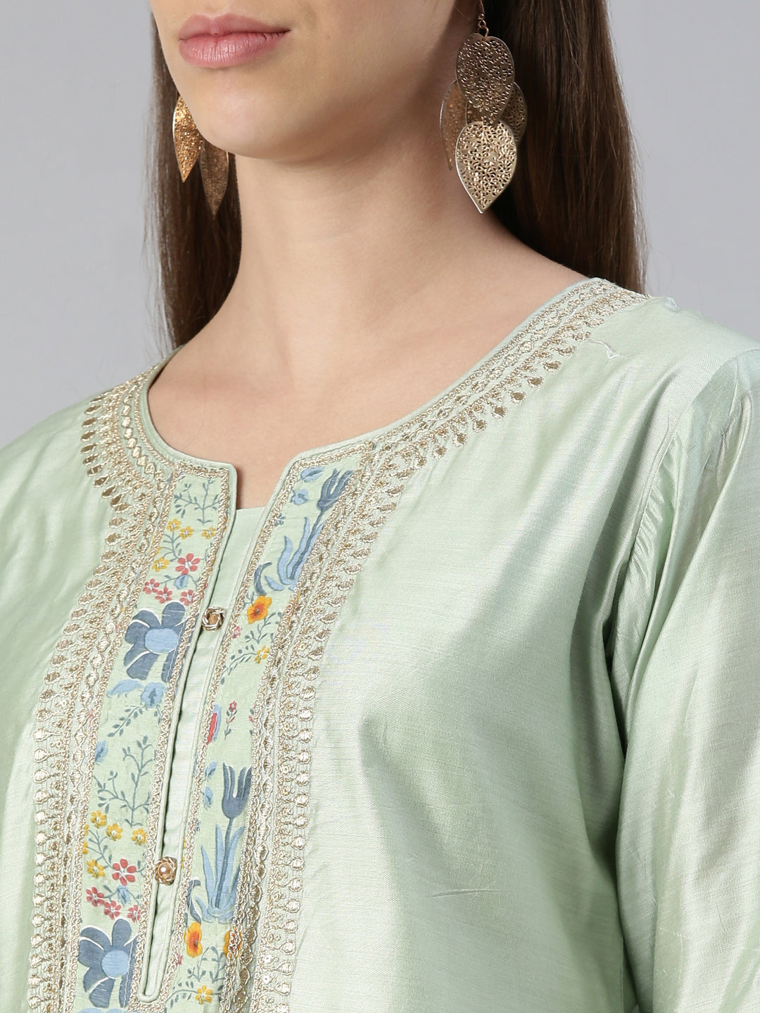 Neerus Green embroidered kurta set with trouser and dupatta - detail view 1