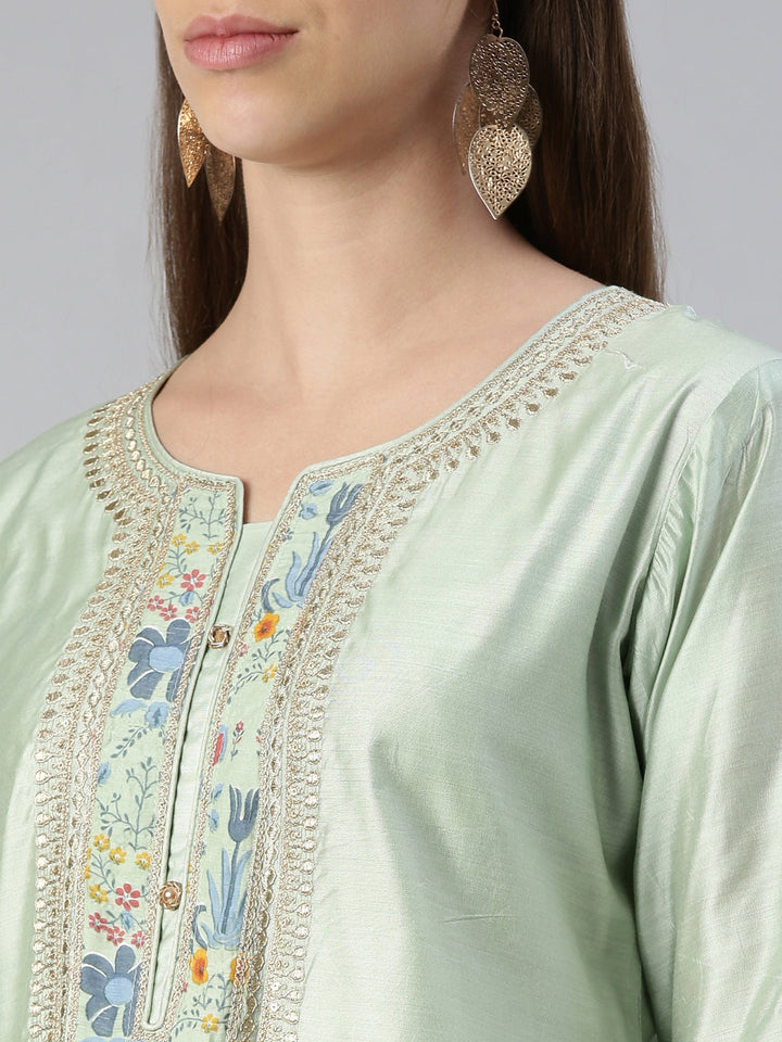 Neerus Green embroidered kurta set with trouser and dupatta - detail view 1