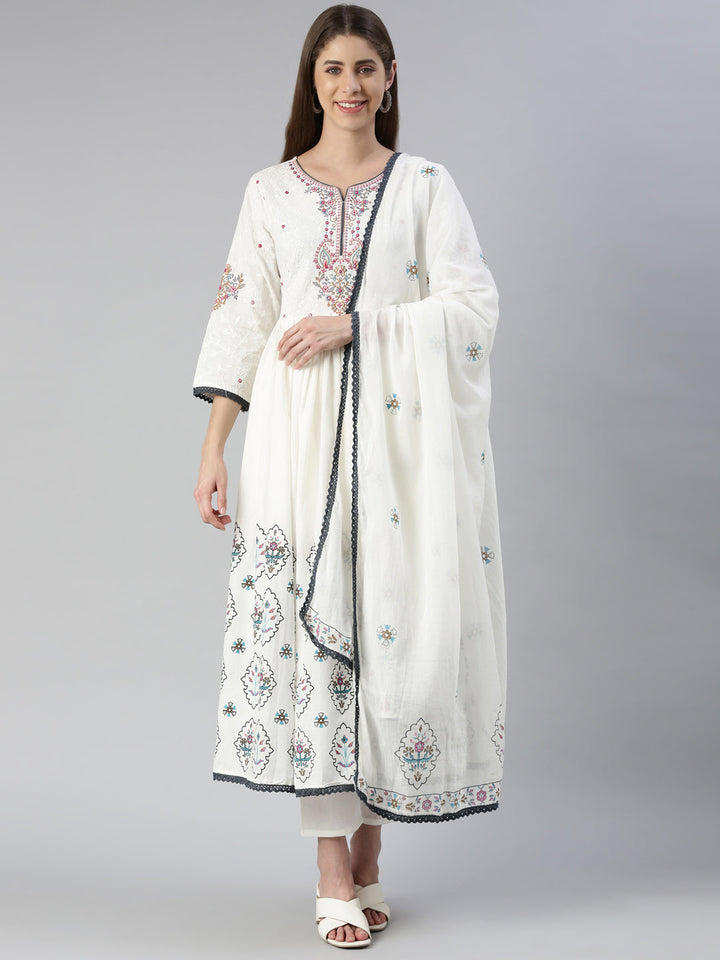 Neerus White cotton embroidered kurta set with trouser and dupatta - front view