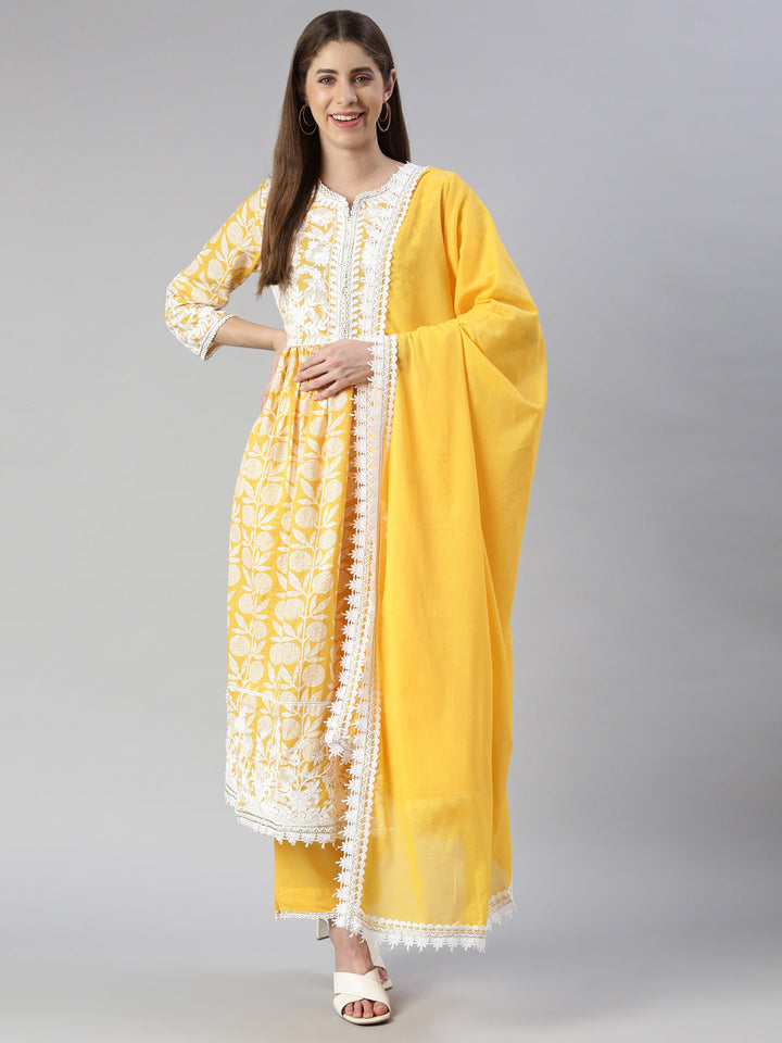 Neerus Yellow solid straight kurta set with trouser and dupatta - front view