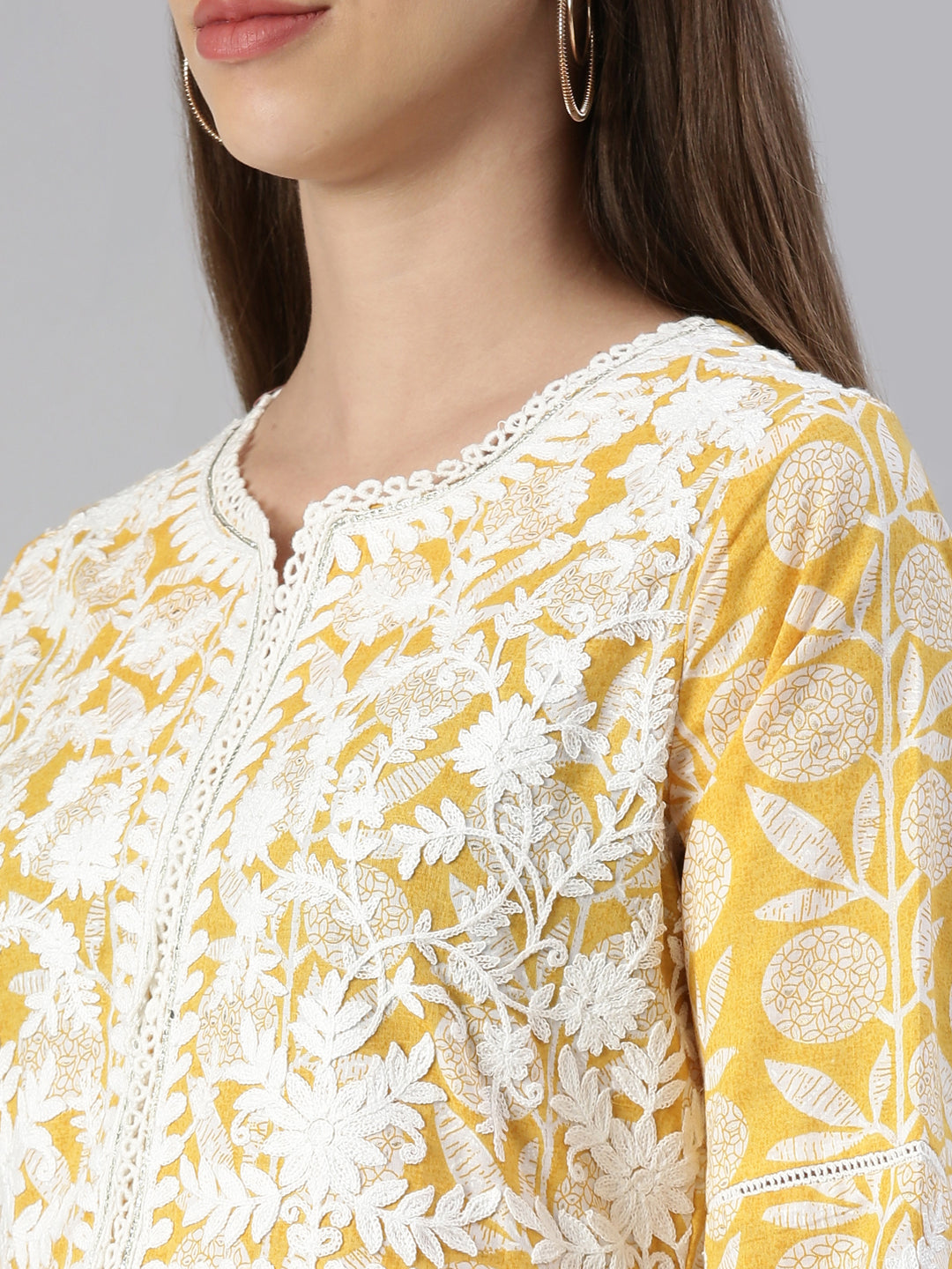 Neerus Yellow solid straight kurta set with trouser and dupatta - detail view 1