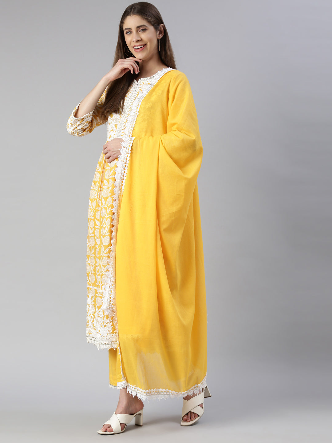 Neerus Yellow solid straight kurta set with trouser and dupatta - detail view 2