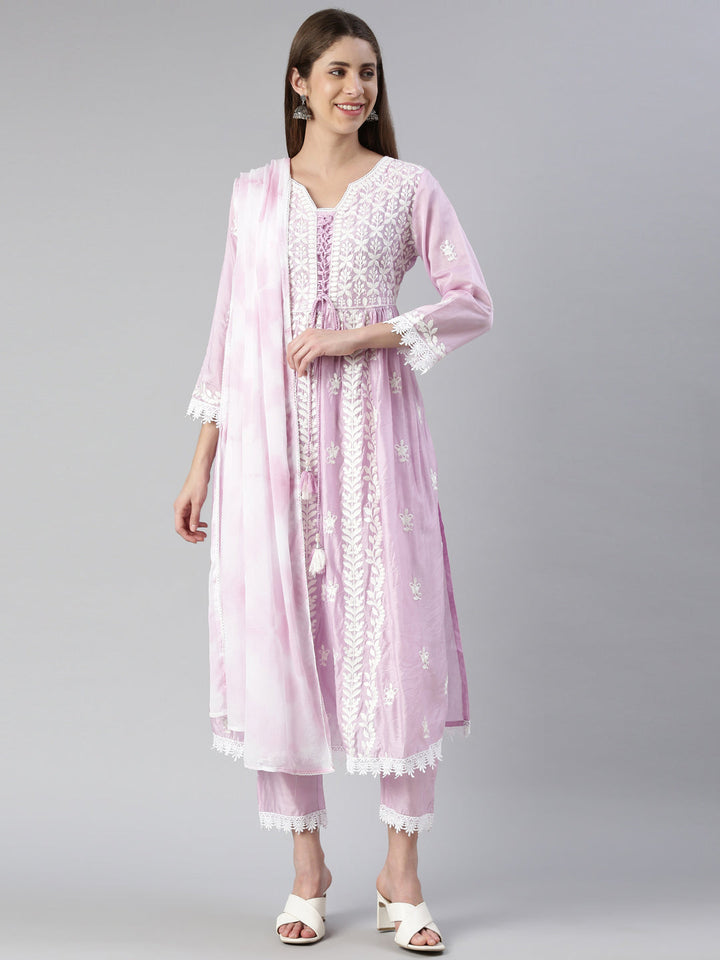 Neerus Purple solid straight kurta set with trouser and dupatta - front view