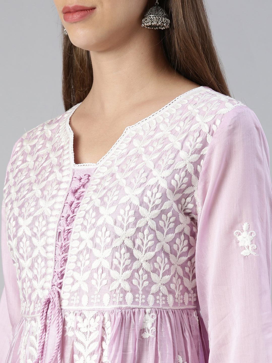 Neerus Purple solid straight kurta set with trouser and dupatta - detail view 1