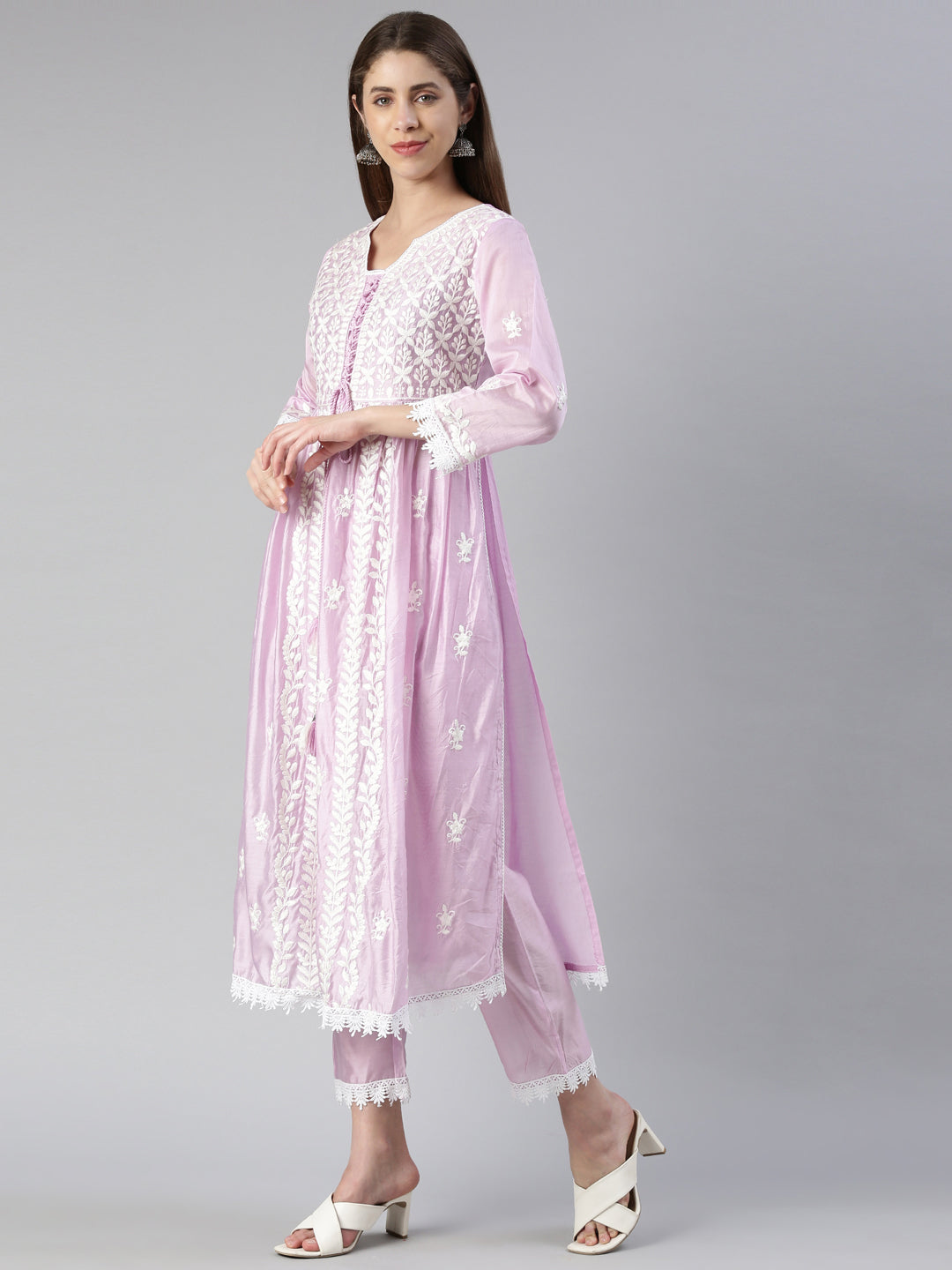 Neerus Purple solid straight kurta set with trouser and dupatta - back view
