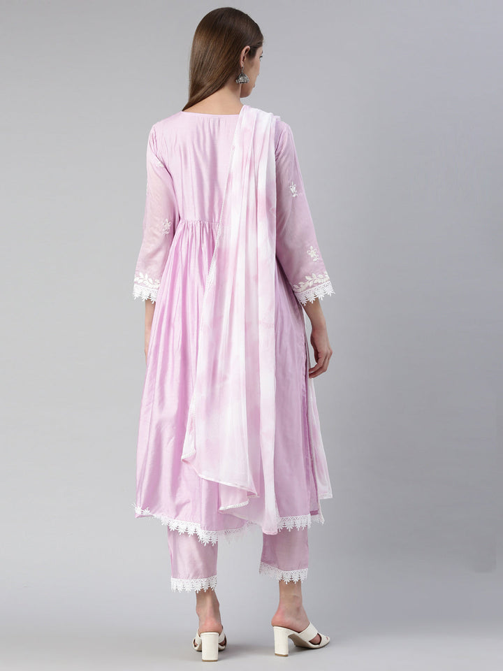 Neerus Purple solid straight kurta set with trouser and dupatta - side view