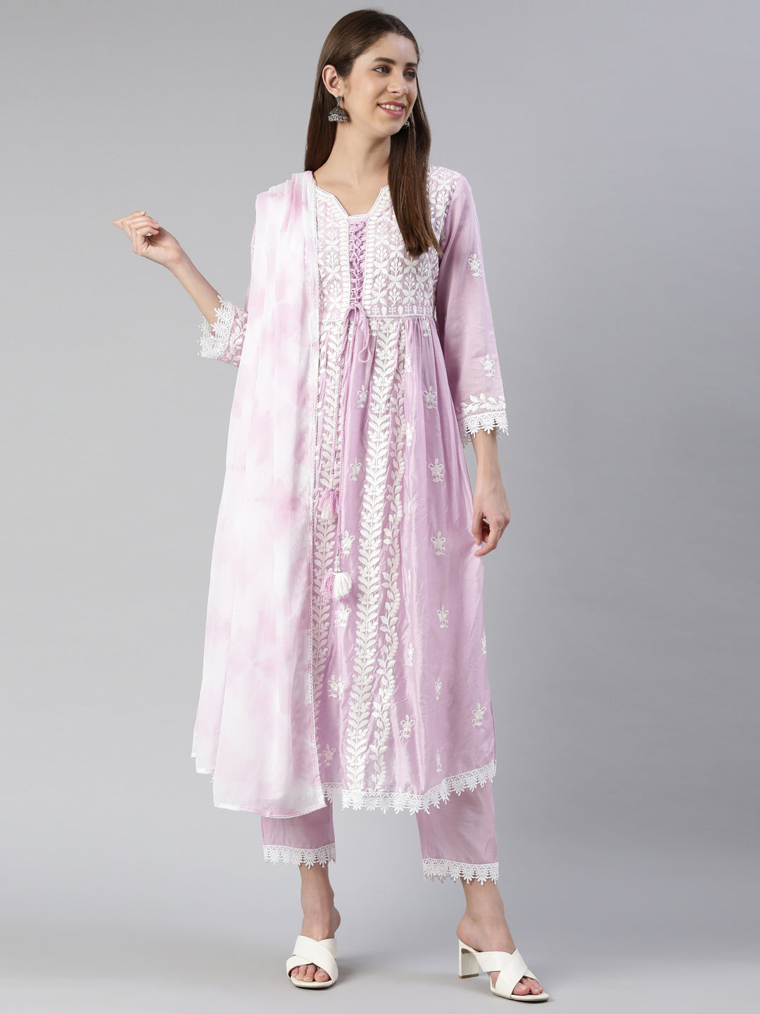 Neerus Purple solid straight kurta set with trouser and dupatta - detail view 2