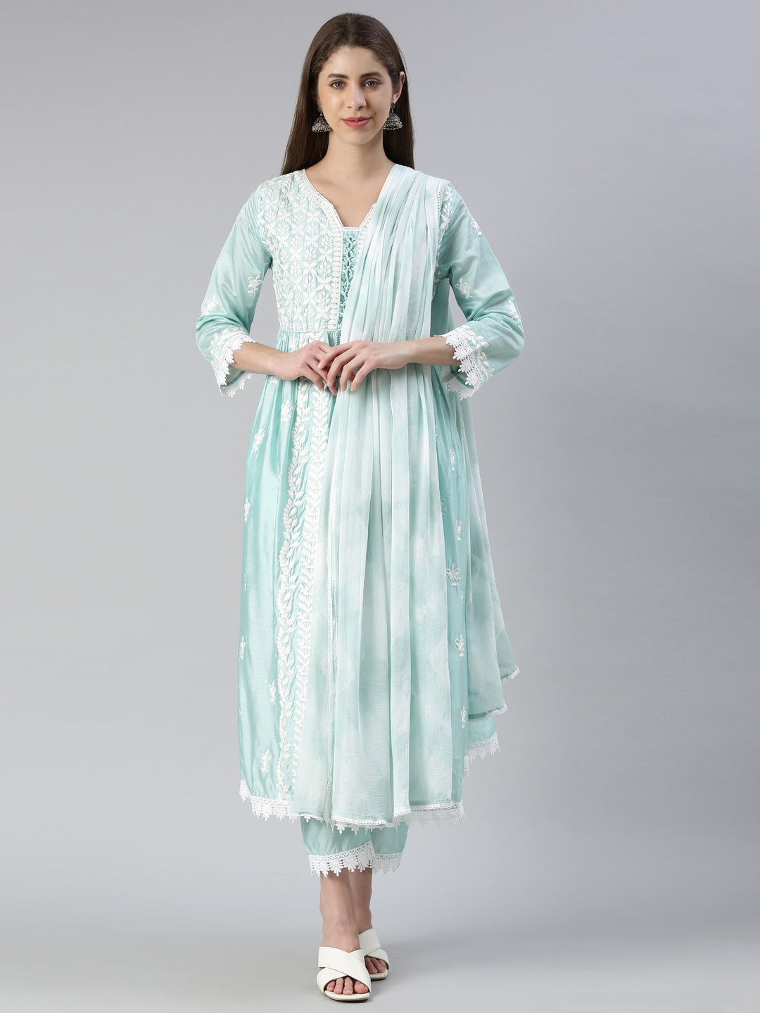 Neerus Blue solid straight kurta set with trouser and dupatta - front view