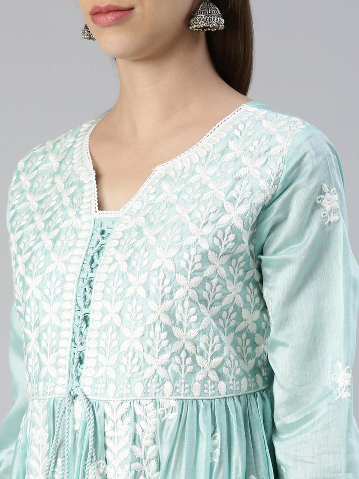 Neerus Blue solid straight kurta set with trouser and dupatta - detail view 1