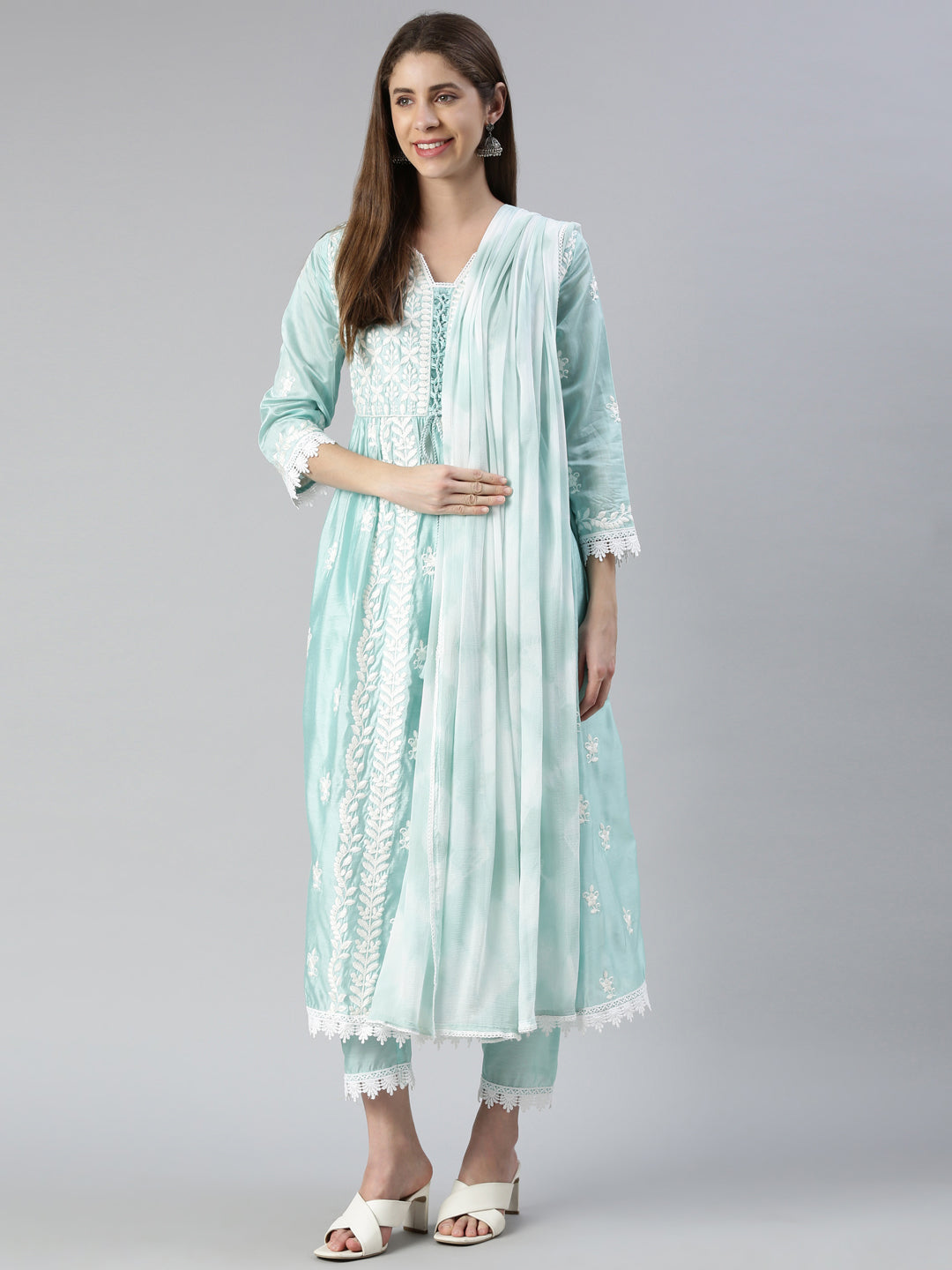 Neerus Blue solid straight kurta set with trouser and dupatta - detail view 2