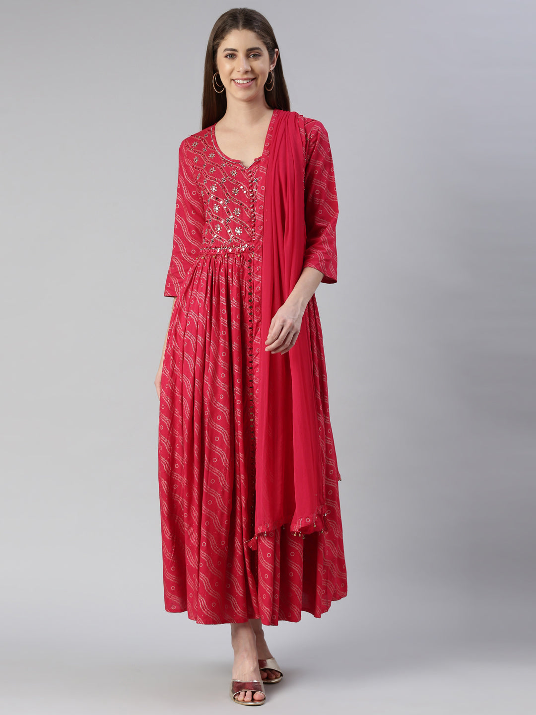 Neerus Pink viscose rayon printed anarkali kurti - front view
