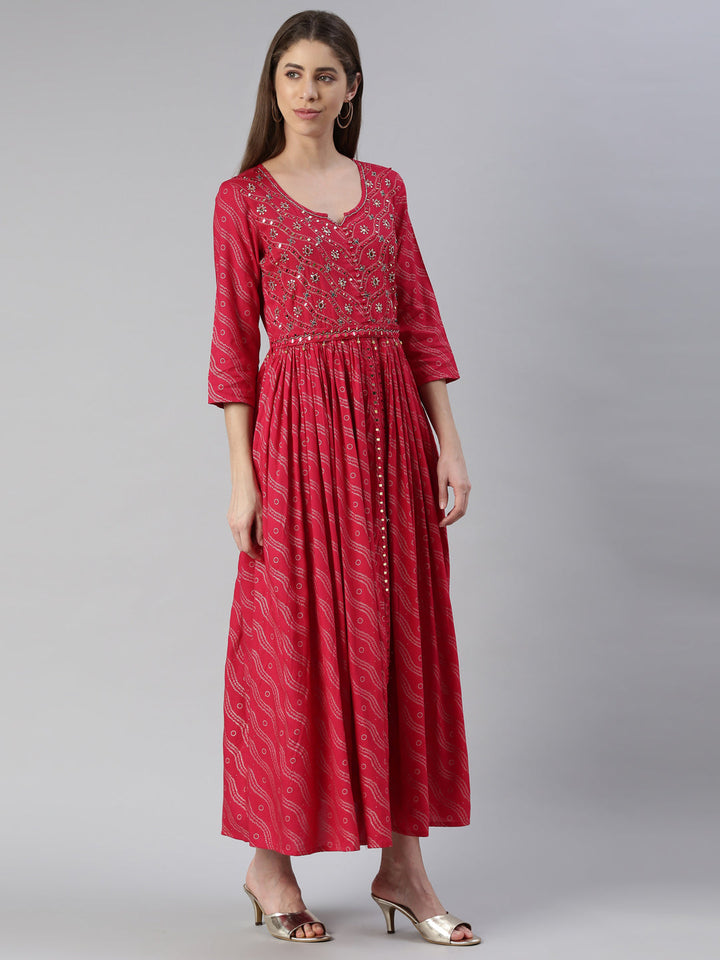 Neerus Pink viscose rayon printed anarkali kurti - back view