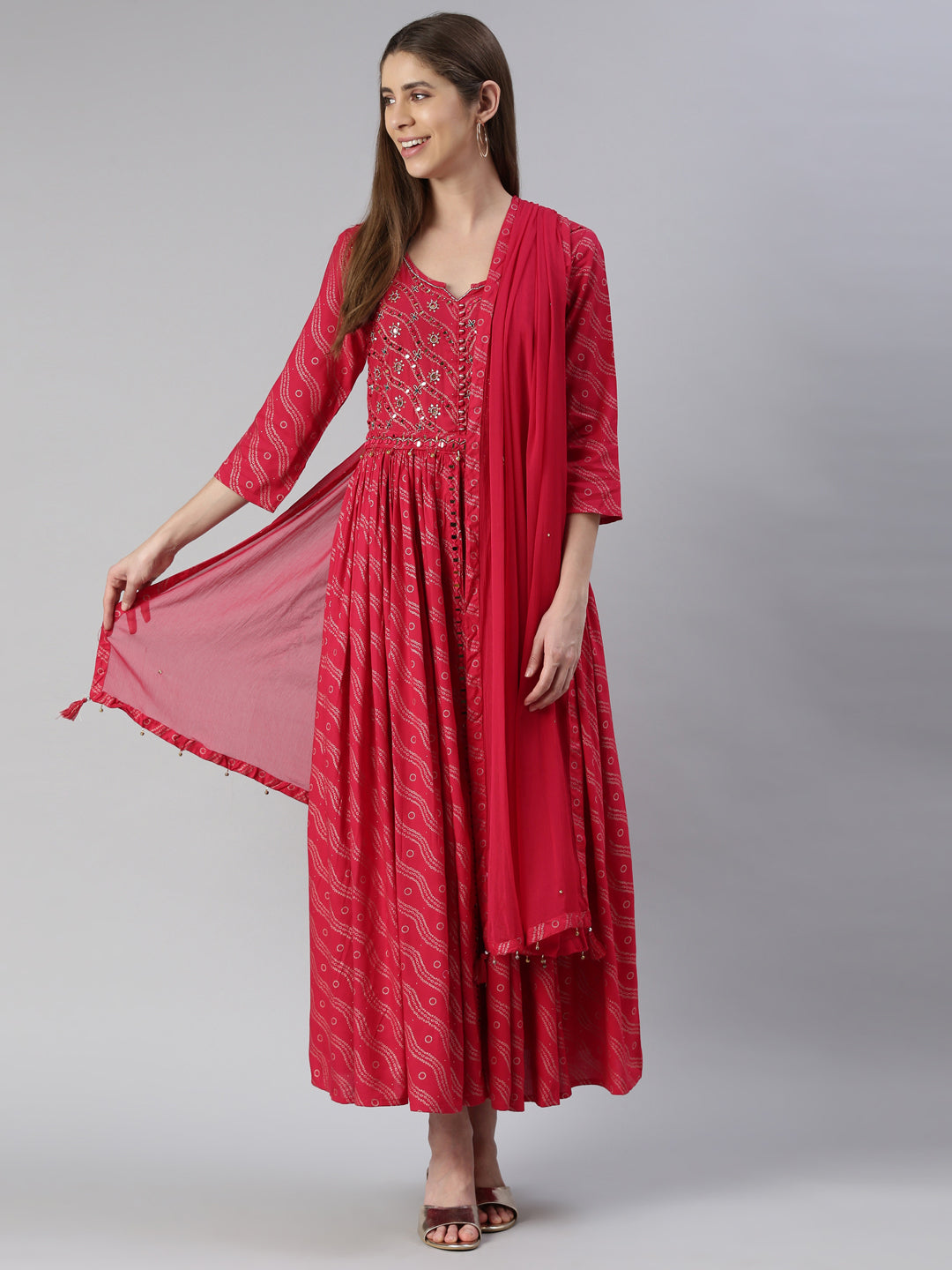 Neerus Pink viscose rayon printed anarkali kurti - detail view 3